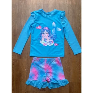 Conjunto Praia Infantil Menina Sereia Protecao UV Blusa Manga Longa e Short Babados Poliamida Verao
