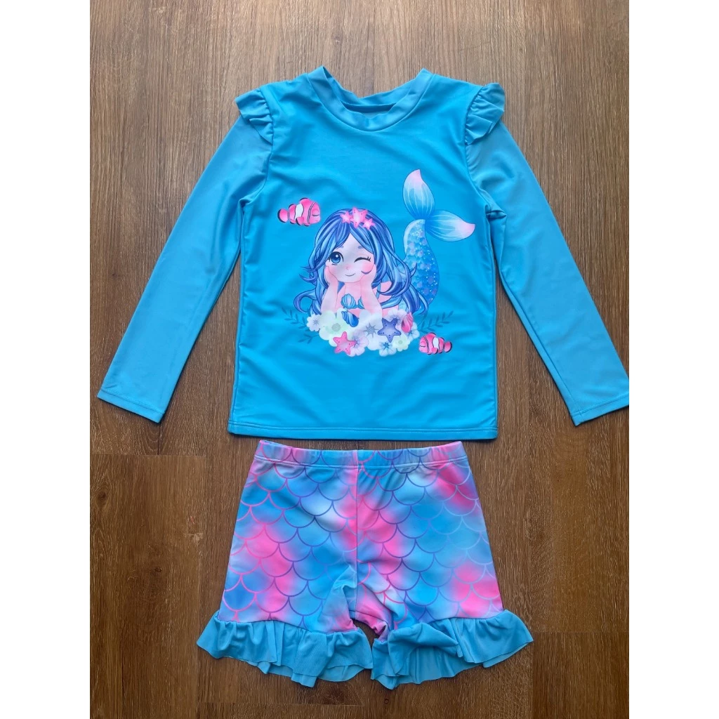 Conjunto Praia Infantil Menina Sereia Protecao UV Blusa Manga Longa e Short Babados Poliamida Verao