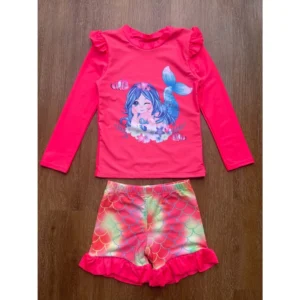 Conjunto Praia Infantil Menina Sereia Protecao UV Blusa Manga Longa e Short Babados Poliamida Verao