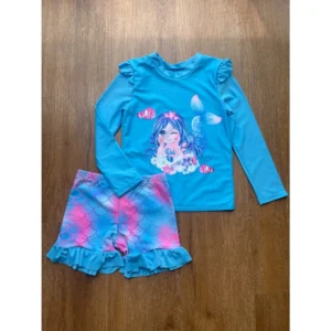 Conjunto Praia Infantil Menina Sereia Protecao UV Blusa Manga Longa e Short Babados Poliamida Verao