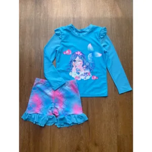 Conjunto Praia Infantil Menina Sereia Protecao UV Blusa Manga Longa e Short Babados Poliamida Verao