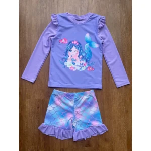 Conjunto Praia Infantil Menina Sereia Protecao UV Blusa Manga Longa e Short Babados Poliamida Verao