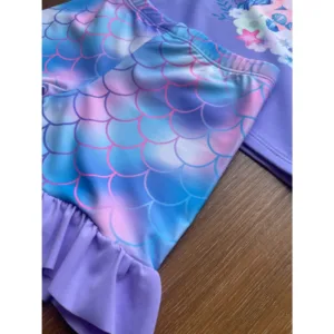 Conjunto Praia Infantil Menina Sereia Protecao UV Blusa Manga Longa e Short Babados Poliamida Verao