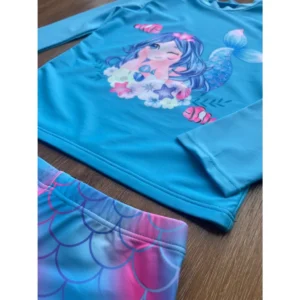 Conjunto Praia Infantil Menina Sereia Protecao UV Blusa Manga Longa e Short Babados Poliamida Verao