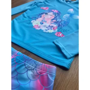 Conjunto Praia Infantil Menina Sereia Protecao UV Blusa Manga Longa e Short Babados Poliamida Verao