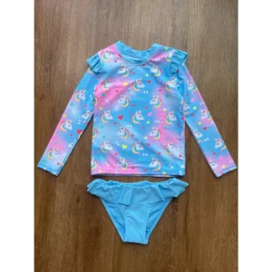 Conjunto Praia Menina Manga Longa Unicornio Protecao UV Biquini Infantil Babado Verao Piscina Blusa