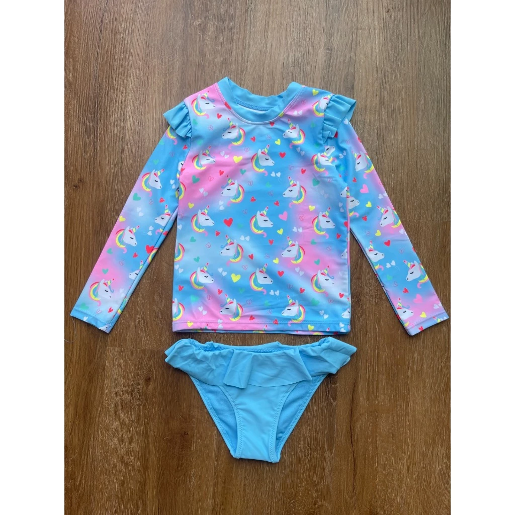 Conjunto Praia Menina Manga Longa Unicornio Protecao UV Biquini Infantil Babado Verao Piscina Blusa