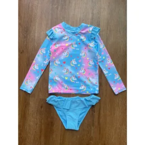 Conjunto Praia Menina Manga Longa Unicornio Protecao UV Biquini Infantil Babado Verao Piscina Blusa