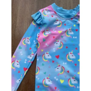 Conjunto Praia Menina Manga Longa Unicornio Protecao UV Biquini Infantil Babado Verao Piscina Blusa