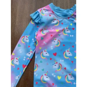 Conjunto Praia Menina Manga Longa Unicornio Protecao UV Biquini Infantil Babado Verao Piscina Blusa