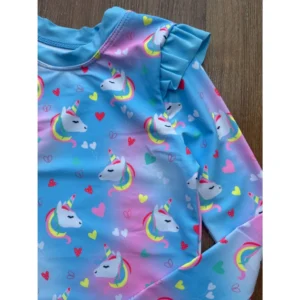 Conjunto Praia Menina Manga Longa Unicornio Protecao UV Biquini Infantil Babado Verao Piscina Blusa