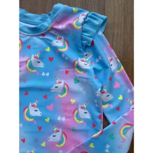 Conjunto Praia Menina Manga Longa Unicornio Protecao UV Biquini Infantil Babado Verao Piscina Blusa