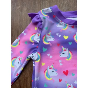 Conjunto Praia Menina Manga Longa Unicornio Protecao UV Biquini Infantil Babado Verao Piscina Blusa