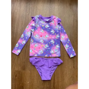 Conjunto Praia Menina Manga Longa Unicornio Protecao UV Biquini Infantil Babado Verao Piscina Blusa