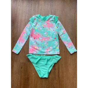 Conjunto Praia Menina Manga Longa Unicornio Protecao UV Biquini Infantil Babado Verao Piscina Blusa