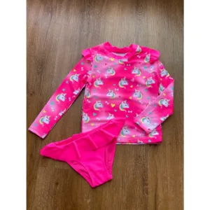 Conjunto Praia Menina Manga Longa Unicornio Protecao UV Biquini Infantil Babado Verao Piscina Blusa