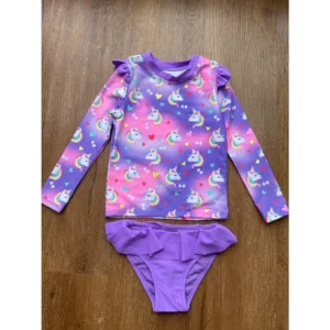 Conjunto Praia Menina Manga Longa Unicornio Protecao UV Biquini Infantil Babado Verao Piscina Blusa