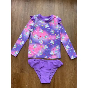 Conjunto Praia Menina Manga Longa Unicornio Protecao UV Biquini Infantil Babado Verao Piscina Blusa