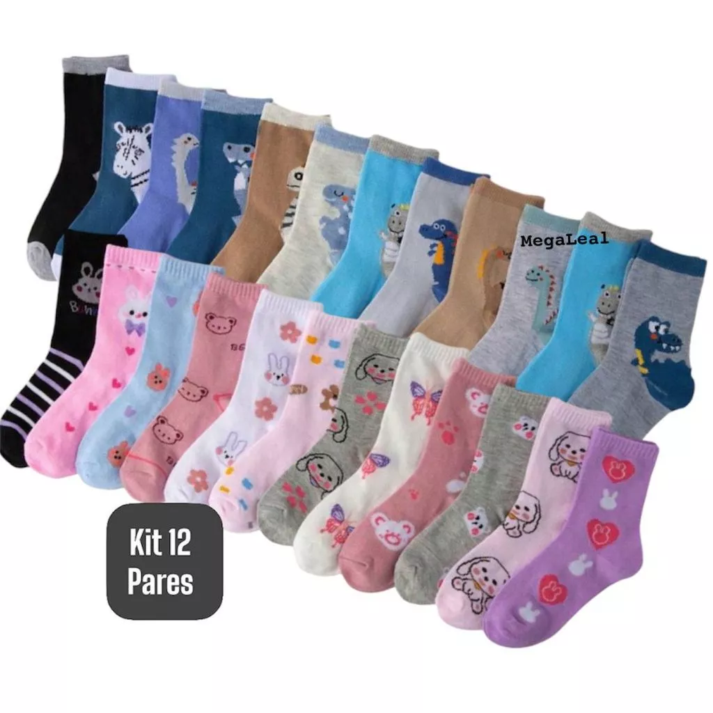 Kit 12 Pares de Meia Infantil Estampas Variadas Crianca Bebe