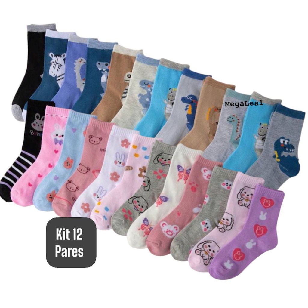 Kit 12 Pares de Meia Infantil Estampas Variadas Crianca Bebe