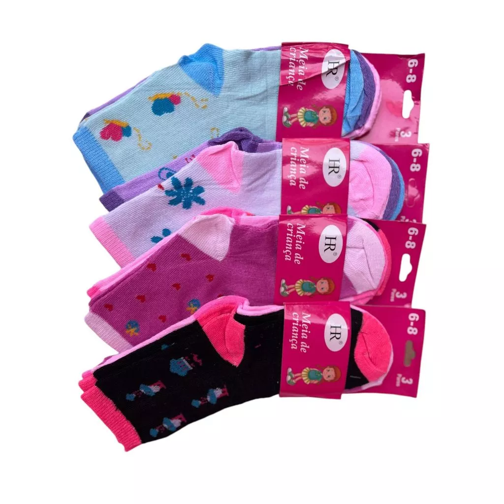 Kit 12 Pares de Meia Infantil Estampas Variadas Crianca Bebe