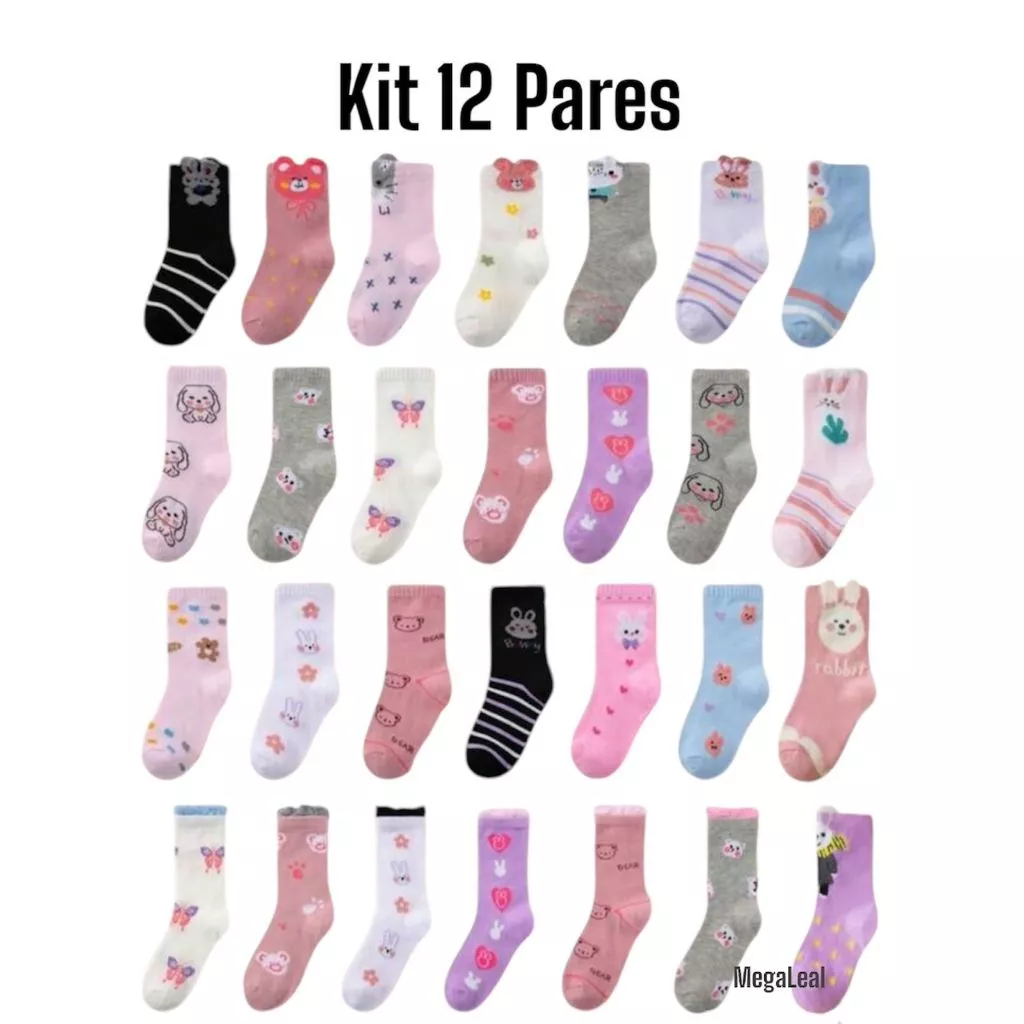 Kit 12 Pares de Meia Infantil Estampas Variadas Crianca Bebe