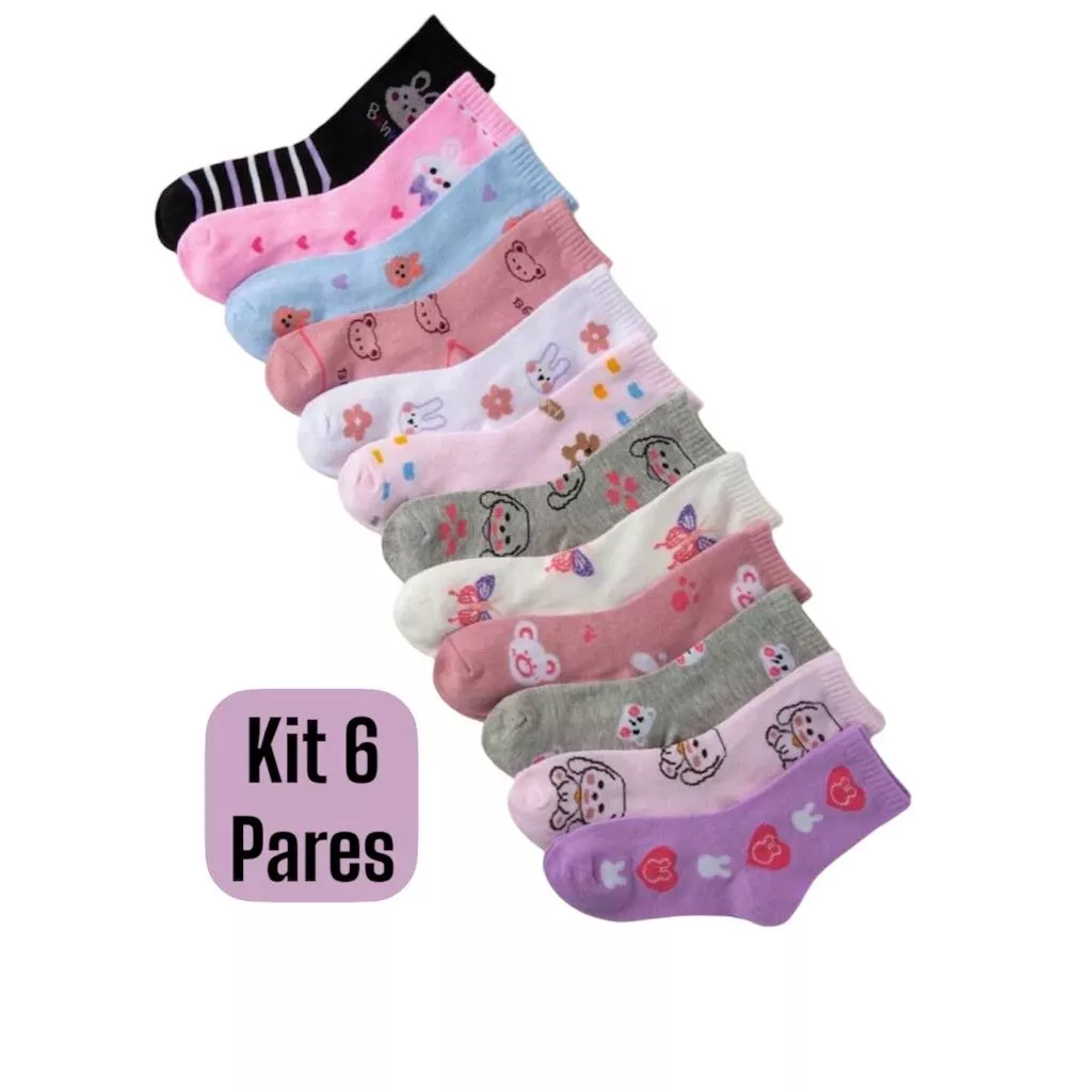 Kit 12 Pares de Meia Infantil Estampas Variadas Crianca Bebe