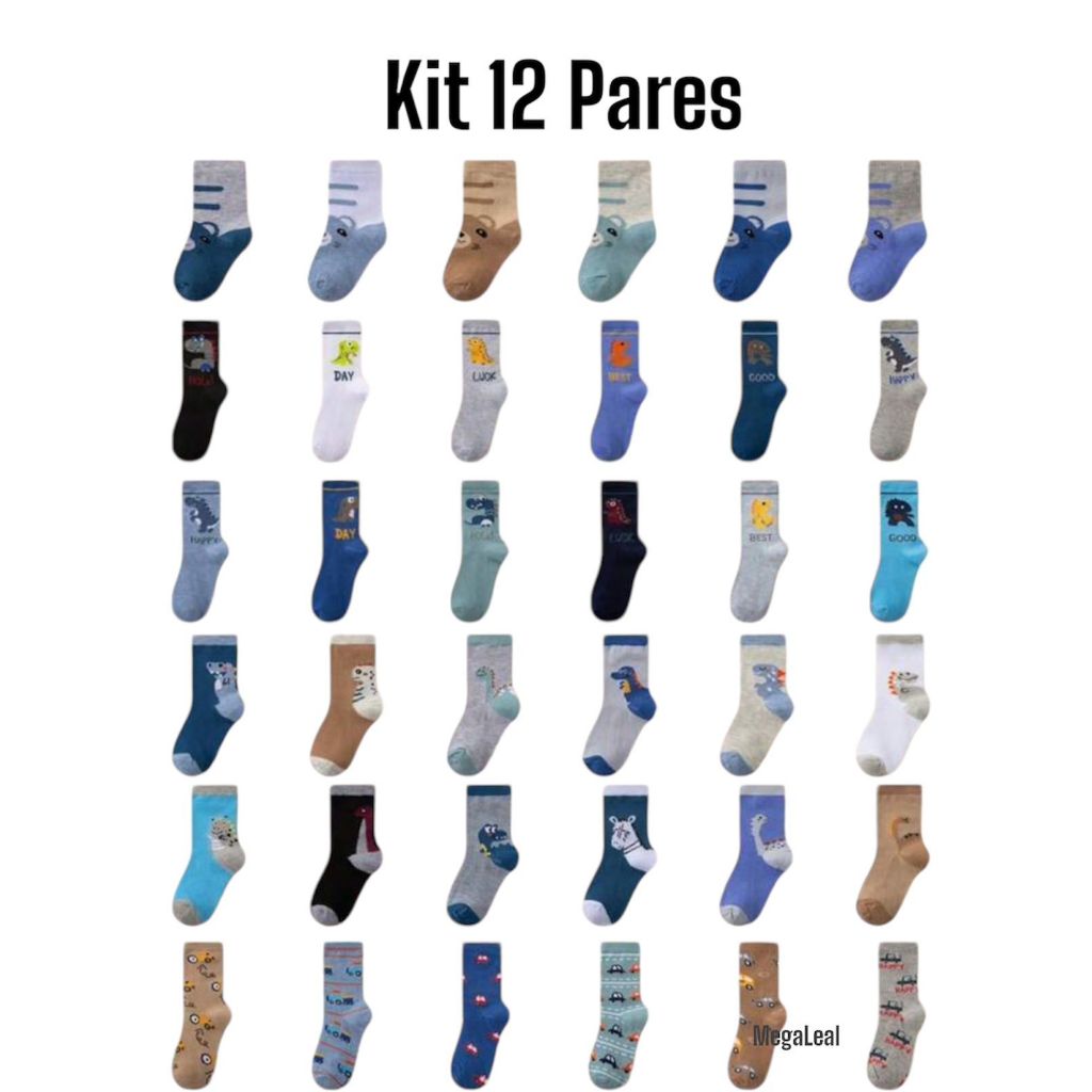 Kit 12 Pares de Meia Infantil Estampas Variadas Crianca Bebe