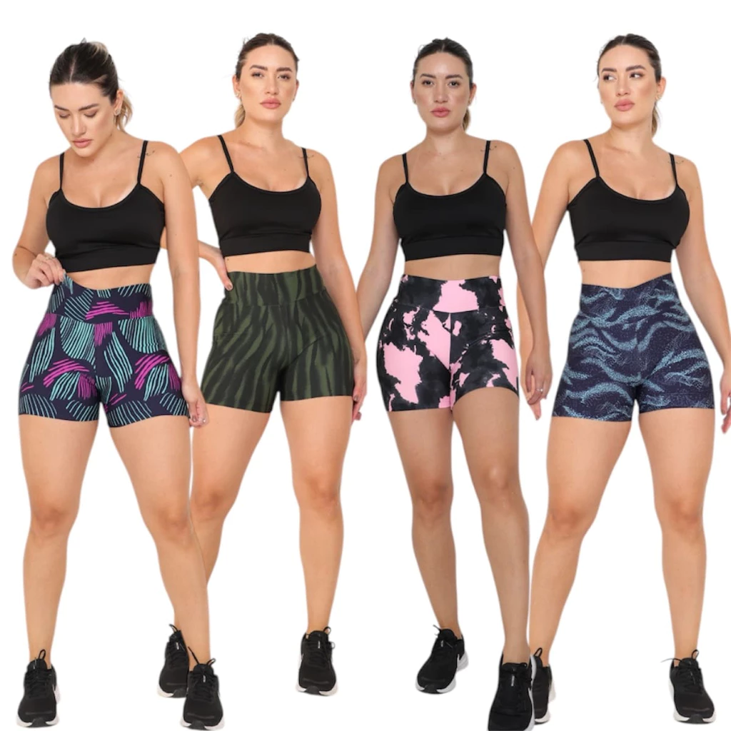 Kit 4 Shortinhos Curto Estampados Feminino Caminhada Academia Short Cintura Alta Antiodor Esportiva
