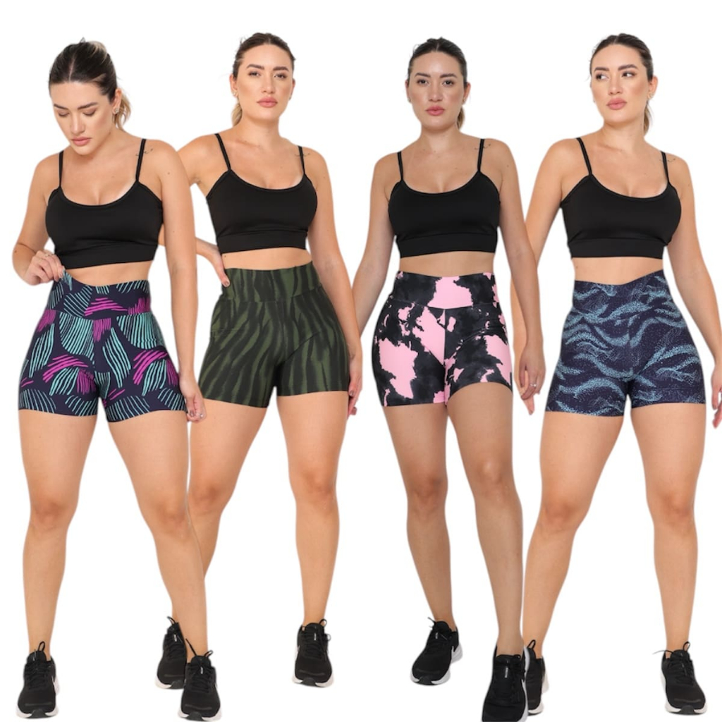 Kit 4 Shortinhos Curto Estampados Feminino Caminhada Academia Short Cintura Alta Antiodor Esportiva