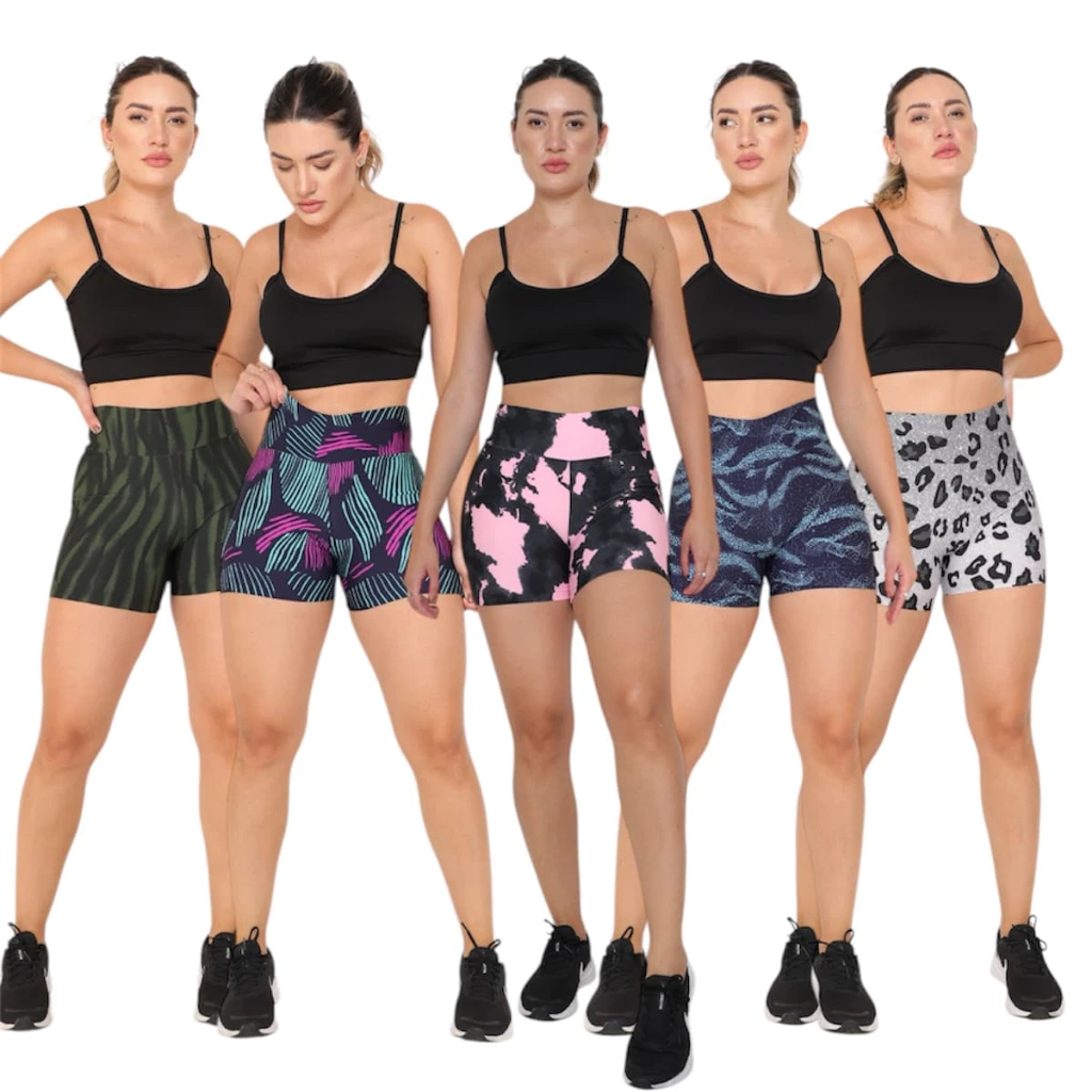 Kit 5 Shorts Curto Estampado Antiodor Academia Feminino Esportivo Fitness Yoga Feminina Cintura Alta