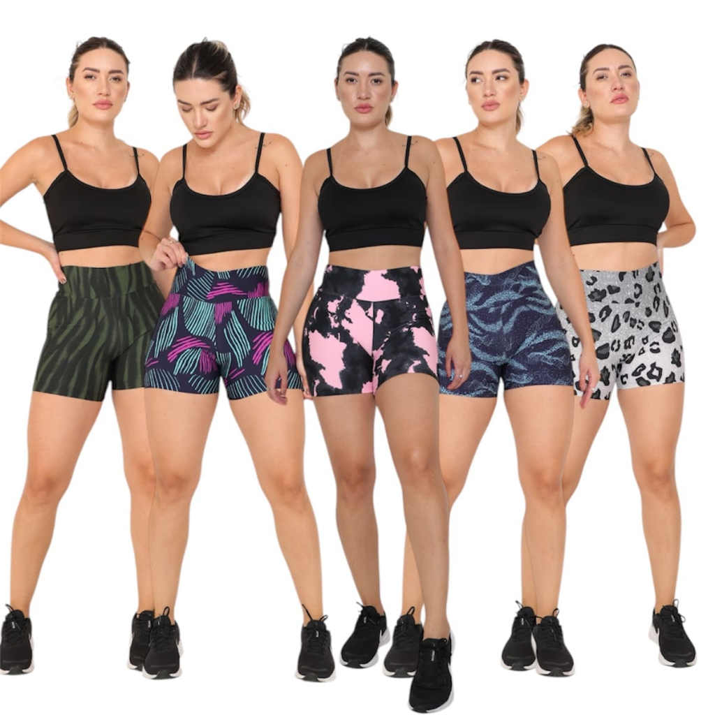 Kit 5 Shorts Curto Estampado Antiodor Academia Feminino Esportivo Fitness Yoga Feminina Cintura Alta