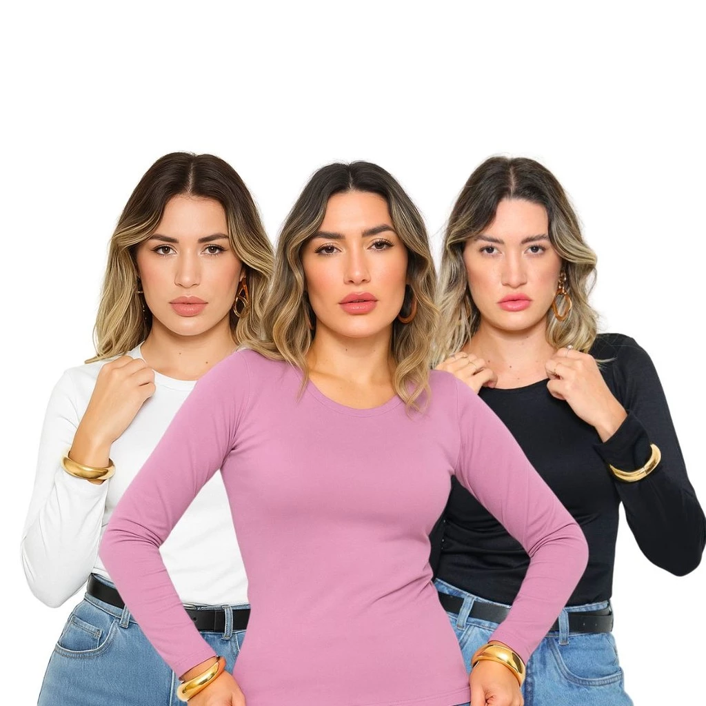 Kit 3 Blusa Feminina Térmica Quentinha Forrada Inverno