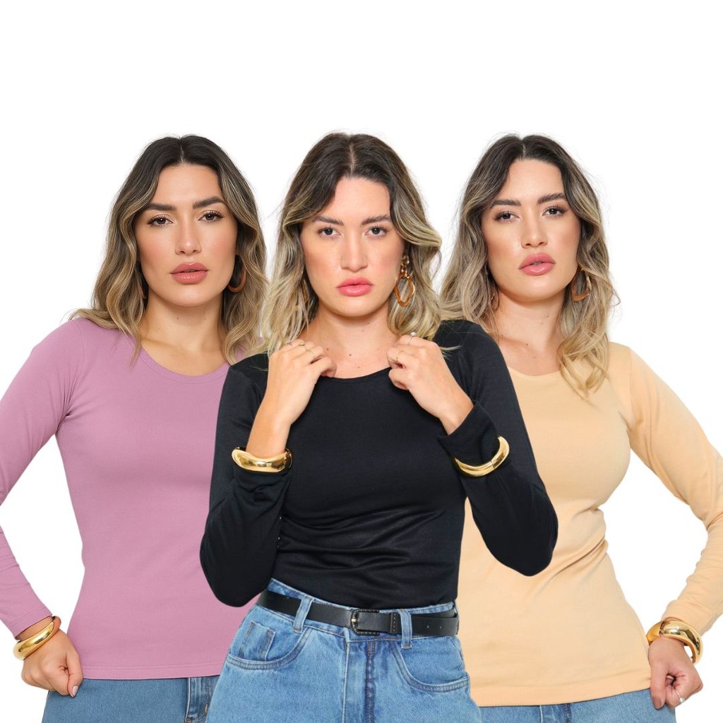 Kit 3 Blusa Feminina Térmica Quentinha Forrada Inverno