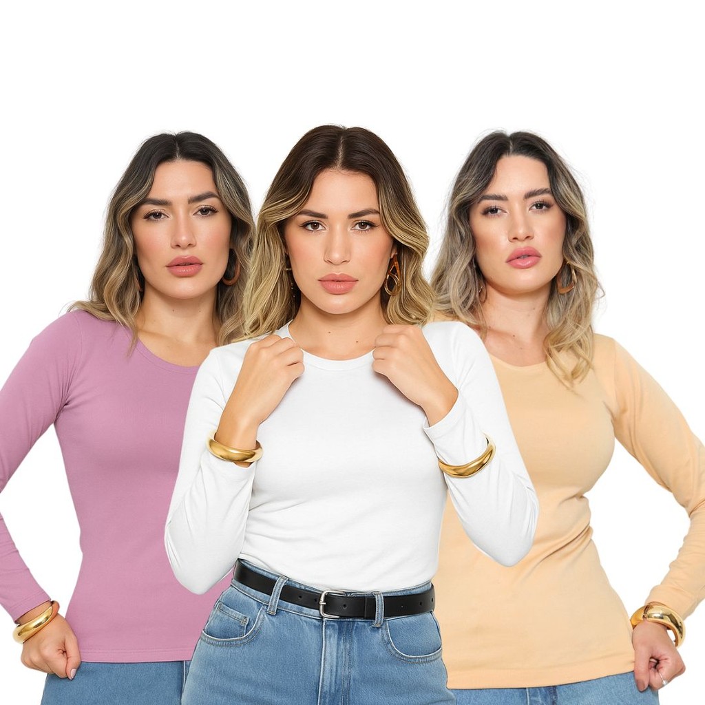 Kit 3 Blusa Feminina Térmica Quentinha Forrada Inverno
