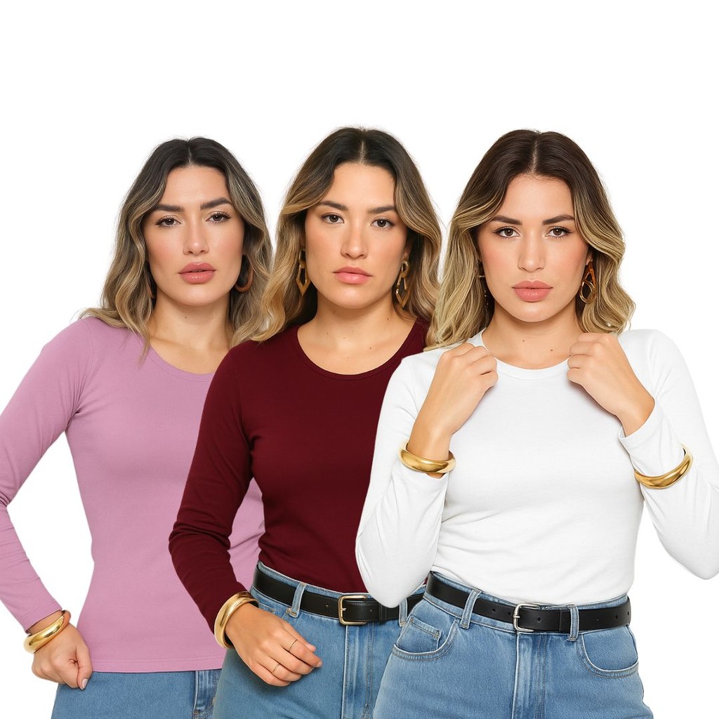 Kit 3 Blusa Feminina Térmica Quentinha Forrada Inverno