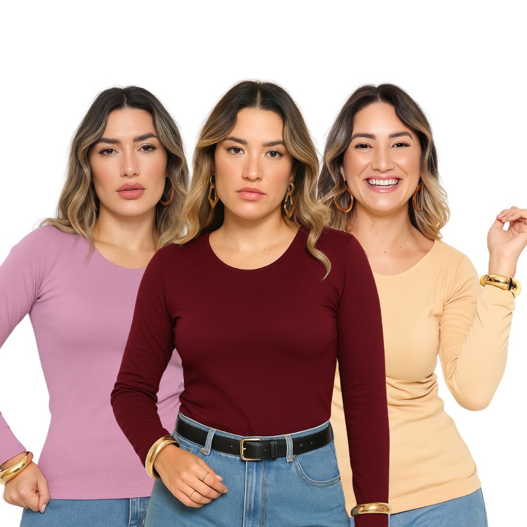 Kit 3 Blusa Feminina Térmica Quentinha Forrada Inverno