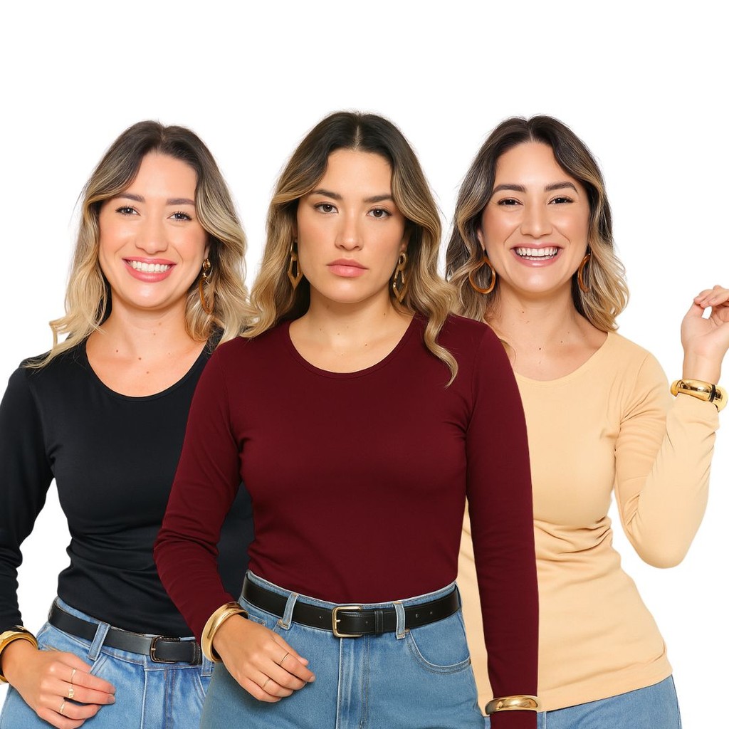 Kit 3 Blusa Feminina Térmica Quentinha Forrada Inverno