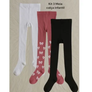 Kit 3 Pares de Meia Calca Infantil Frio Inverno Menina Bebe Branco Preto Estampados