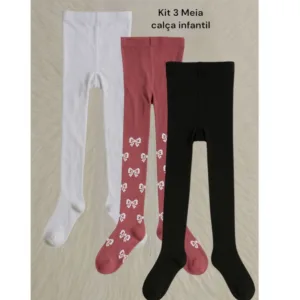 Kit 3 Pares de Meia Calca Infantil Frio Inverno Menina Bebe Branco Preto Estampados