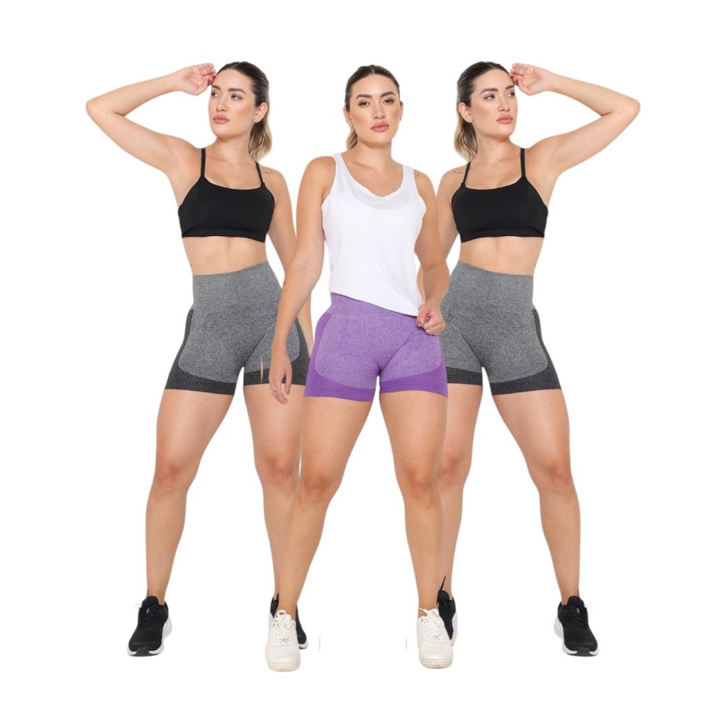 Kit 3 Short Levanta Empina Bumbum Cós Alto Fitness Academia