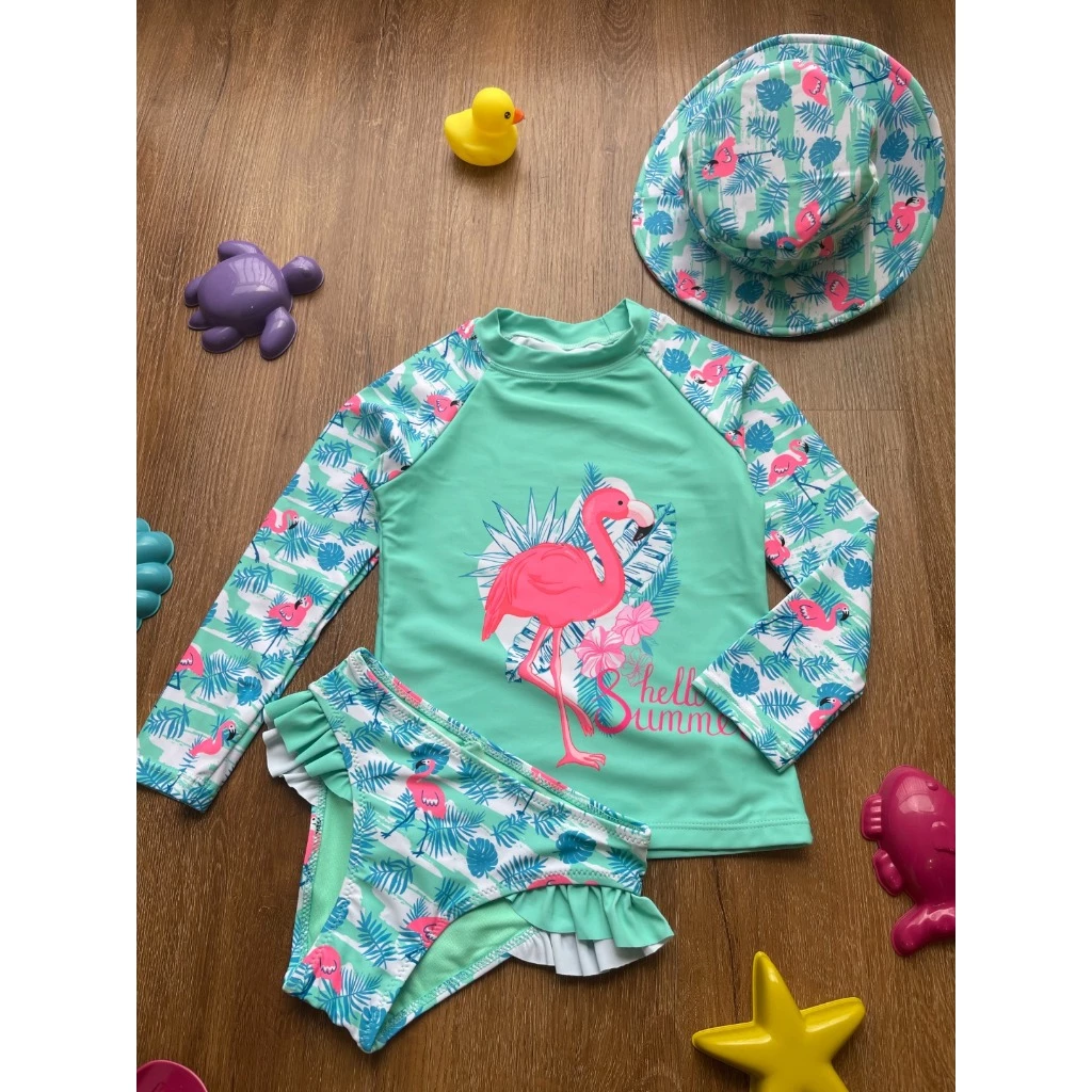 Kit Moda Praia Menina Biquíni Com Babado Camiseta Manga Longa UV Proteção Solar Flamingo Com Chapéu