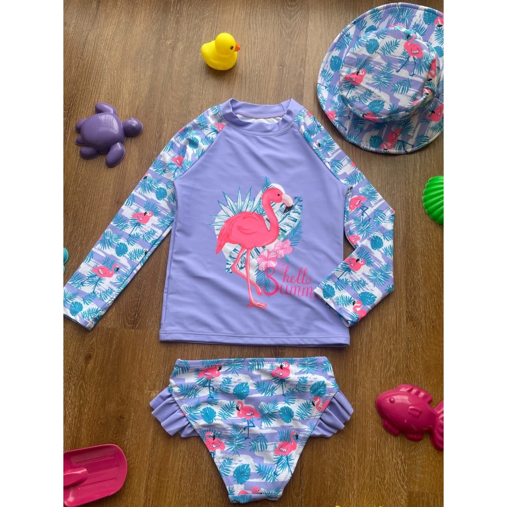Kit Moda Praia Menina Biquíni Com Babado Camiseta Manga Longa UV Proteção Solar Flamingo Com Chapéu