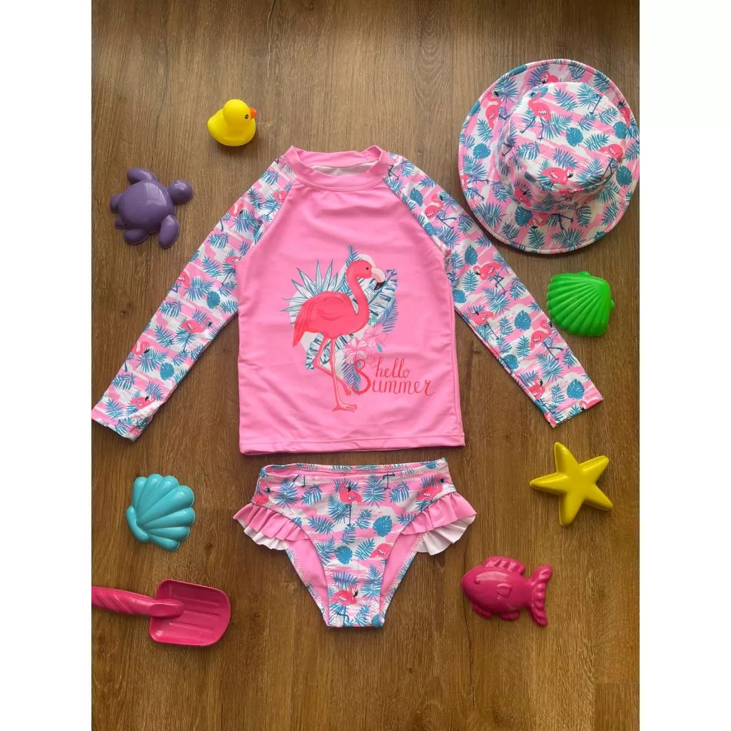 Kit Moda Praia Menina Biquíni Com Babado Camiseta Manga Longa UV Proteção Solar Flamingo Com Chapéu