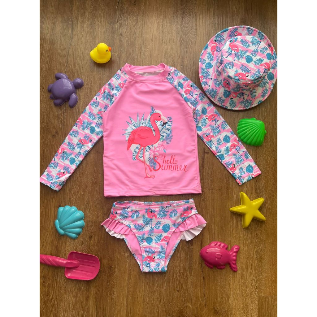 Kit Moda Praia Menina Biquíni Com Babado Camiseta Manga Longa UV Proteção Solar Flamingo Com Chapéu