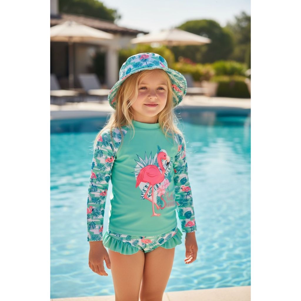 Kit Moda Praia Menina Biquíni Com Babado Camiseta Manga Longa UV Proteção Solar Flamingo Com Chapéu