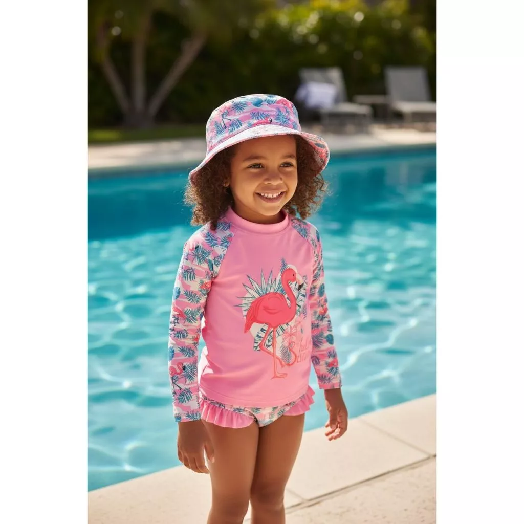 Kit Moda Praia Menina Biquíni Com Babado Camiseta Manga Longa UV Proteção Solar Flamingo Com Chapéu