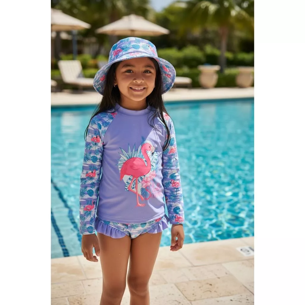 Kit Moda Praia Menina Biquíni Com Babado Camiseta Manga Longa UV Proteção Solar Flamingo Com Chapéu