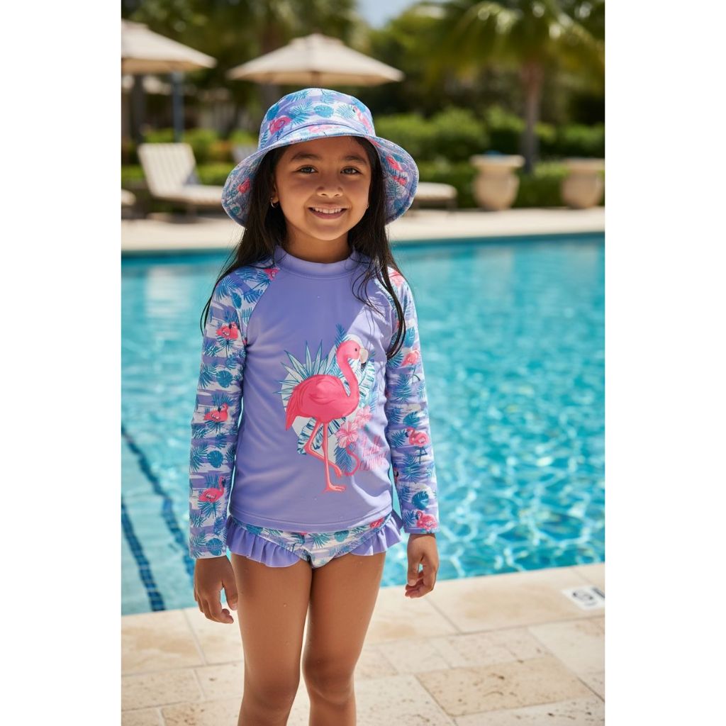 Kit Moda Praia Menina Biquíni Com Babado Camiseta Manga Longa UV Proteção Solar Flamingo Com Chapéu